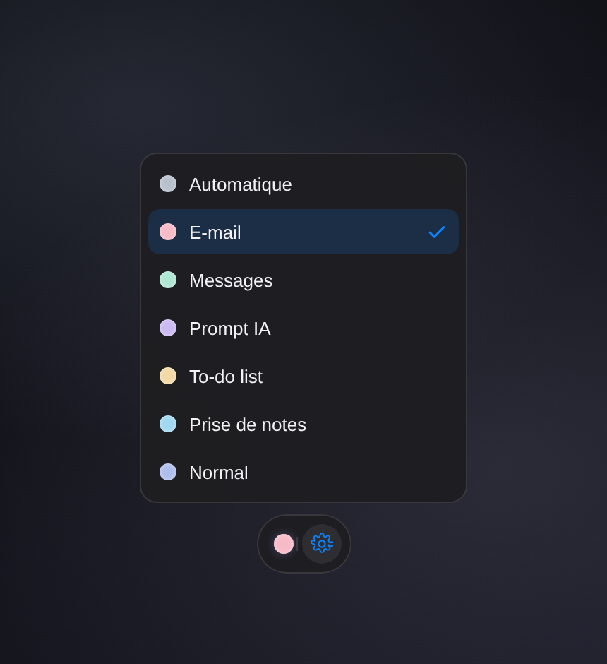 La bulle Nova et son menu des sept Styles, ouverts sur un bureau Windows
